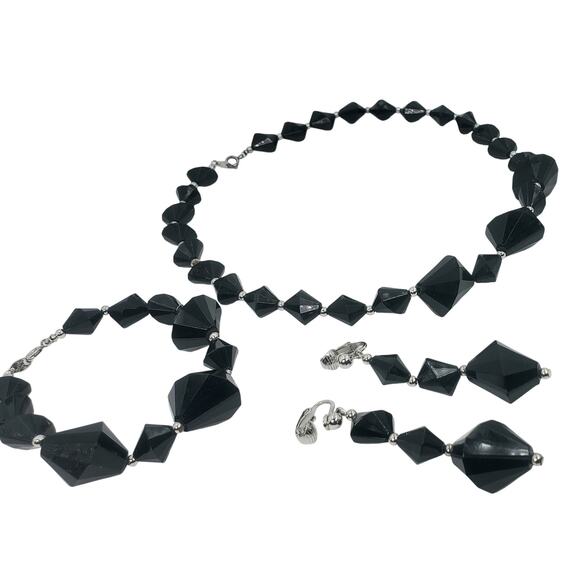 Vtg Trifari Black Bicone Beaded Geometric Necklace, Bracelet, and Earrings Set - Picture 1 of 9